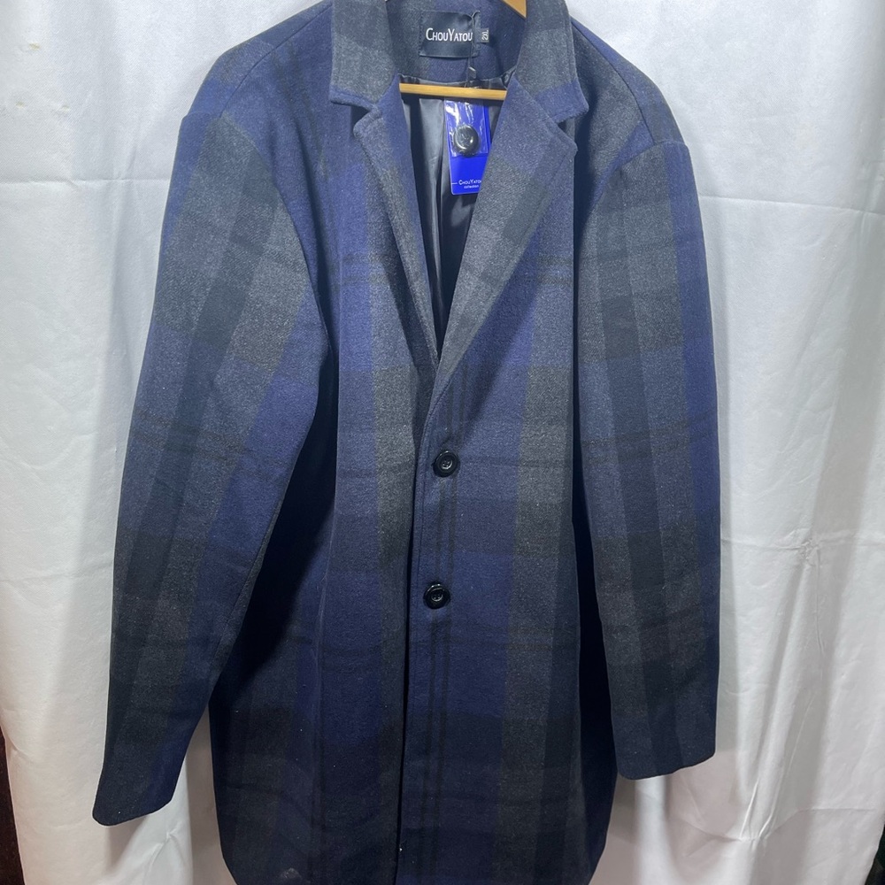 Chouyatou Mens Mid-Length single Breasted Wool Blend Top Coat BlueGrey Plaid XXL